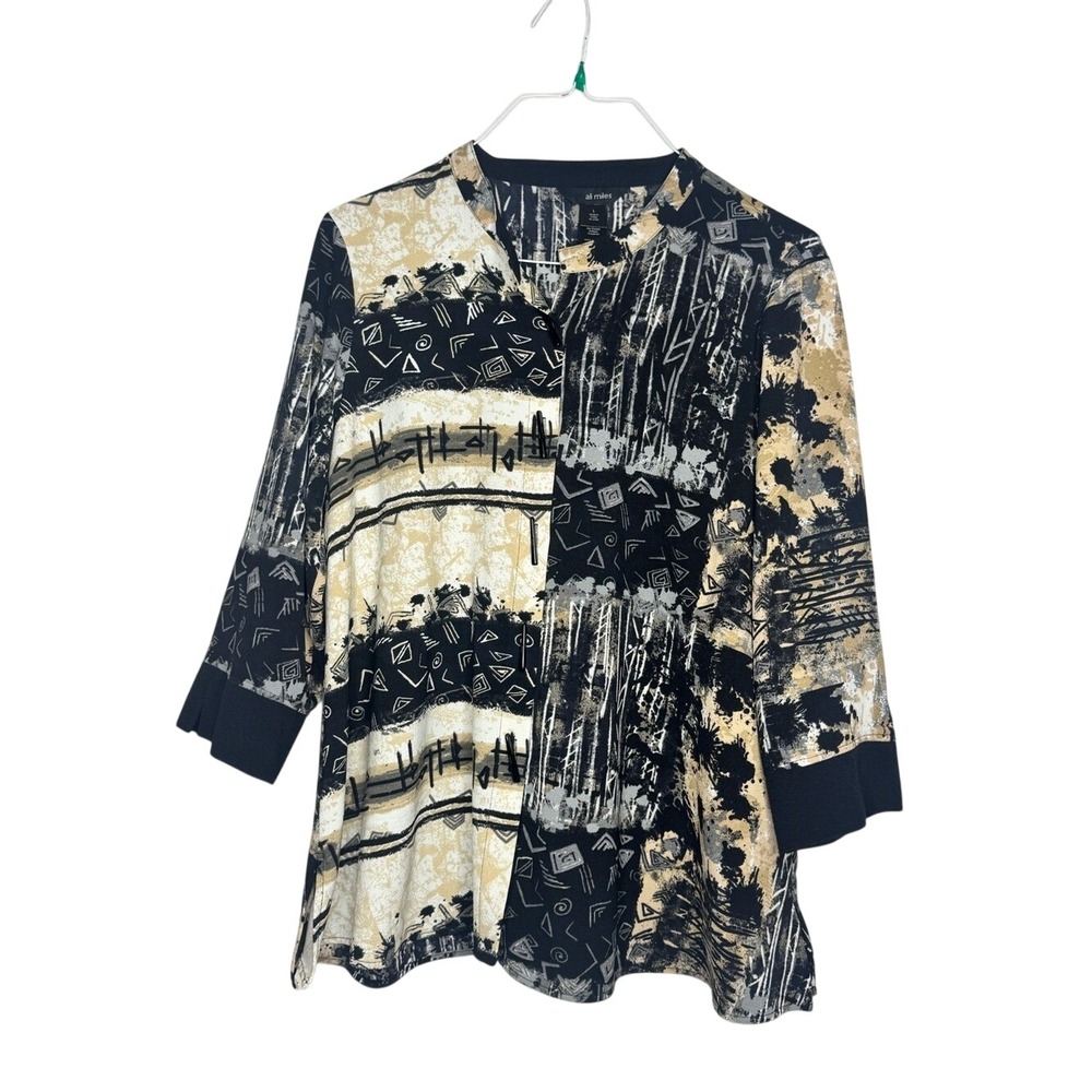 Ali Miles Womens Abstract Artsy Front Button Tunic Top Sz L 3/4 Sleeve